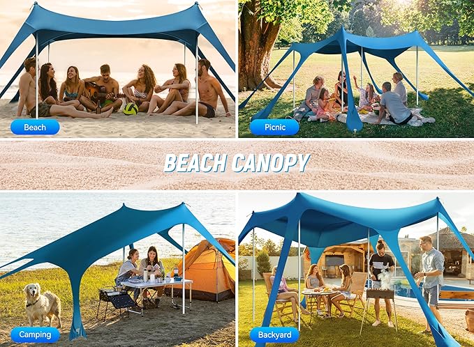 Beach Tent, Camping Sun Shelter UPF50+ with 6 Sandbags, 2 Sand Shovel, 4 Stability Poles, Outdoor Pop UP Beach Canopy for Camping Trips, Fishing, Backyard Fun, Picnics-Navy Blue