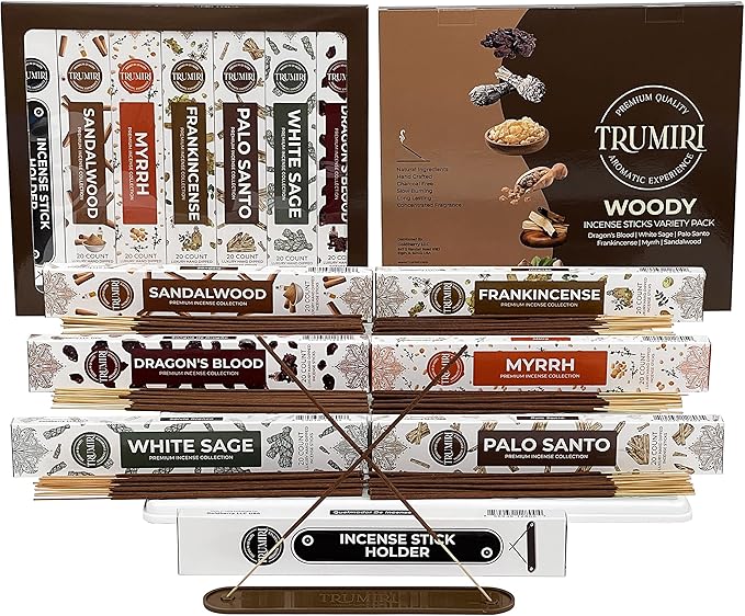Woody Incense Sticks Variety Pack - 120 Insence-Sticks (6 Incents x 20 Insense) - White Sage Palo Santo Dragons Blood Sandalwood - Natural Inscents-Sticks Non Toxic Cleansing Incienso + Burner Holder