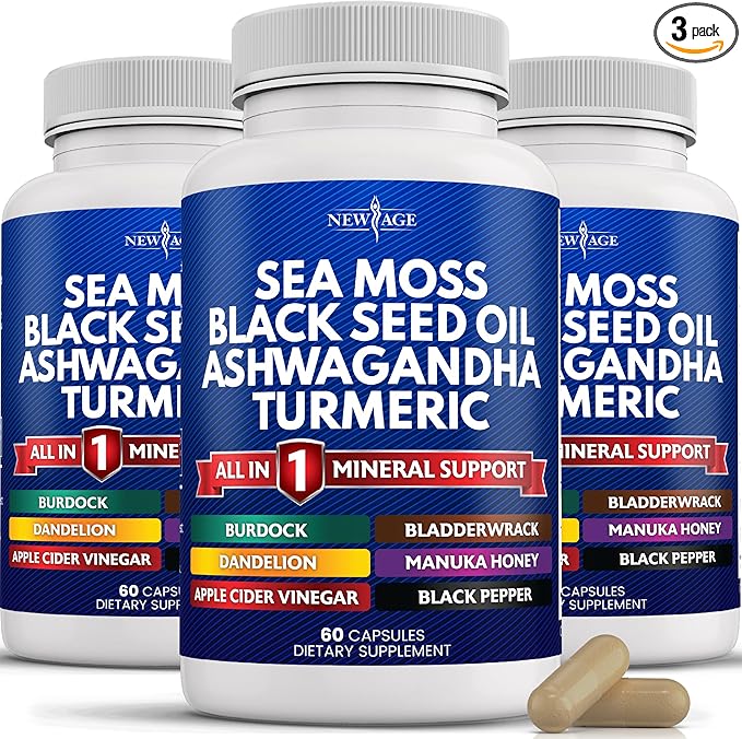 NEW AGE Silica Sea Moss, Black Seed Oil, Ashwagandha, Turmeric, Bladderwrack, Burdock - with Manuka, Honey Dandelion, ACV Black Pepper Gluten Free