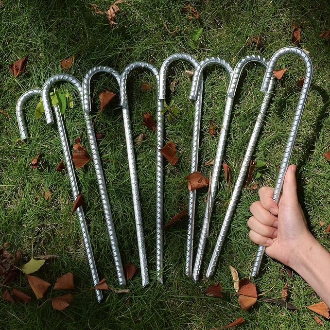 8 Pack 16" Galvanized Rebar Stakes Heavy Duty J Hook Ground Anchors, Curved Steel Tent Stakes Anti Rust Steel Ground Stakes