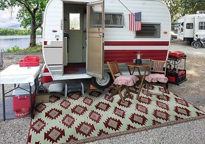 BalajeesUSA Outdoor Rug - 6x9 Red, Black, Sky Blue, Reversible Recycled Plastic Straw Outdoor Patio Rugs Clearance Waterproof Large RV Camper Mats Outside 460