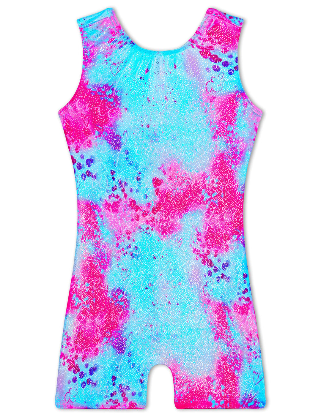 TENVDA Girls Gymnastics Leotards with Shorts Size 6-7 Years Old Sparkly Blue Pink Hearts Print Tank Tumbling Biketards Unitard