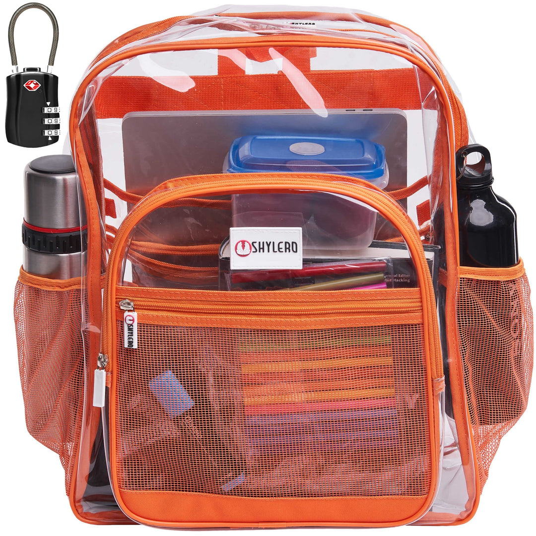 SHYLERO Clear Backpack Heavy Duty has TSA Lock, 2-WAY Zipper. PVC Transparent Backpack Is Extra Large - H18''xW14''xD8 - Orange