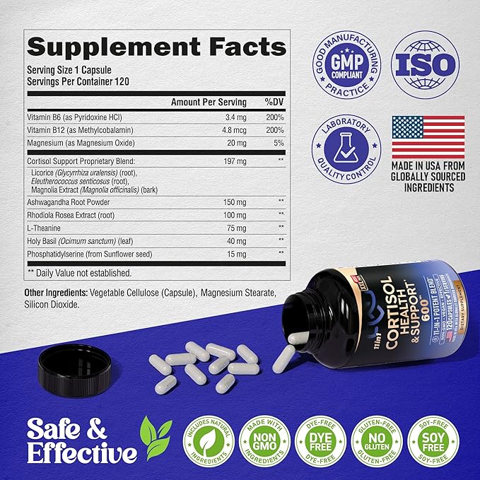 Cortisol Supplement for Women - Holy Basil | Ashwagandha | Rhodiola | L-Theanine - Plant-Based Hormone Balance - Mood, Focus & Sleep Support - Made in USA - Vegan, Non-GMO - 120 Capsules for 4 Months