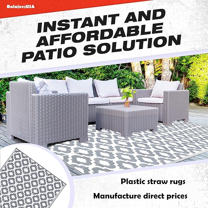 BalajeesUSA Outdoor Rugs 9 by 18 Feet Grey Reversible Recycled Plastic Straw Patio Rugs Waterproof Large RV Camper Awning mat 7070