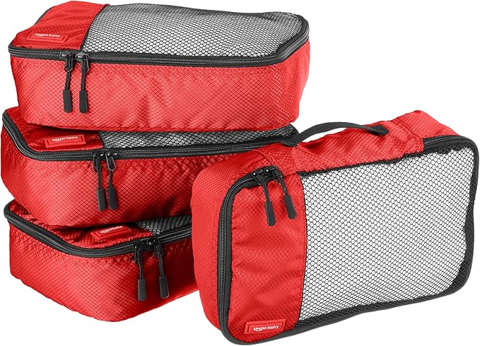 Amazon Basics Small Packing Cubes for Travel, Packing Organizers, 4-Piece-Set With Double Zipper Pulls and Mesh Top Panel, 100% Durable Polyester, Red, 11"L x 6.8"W x 3"H