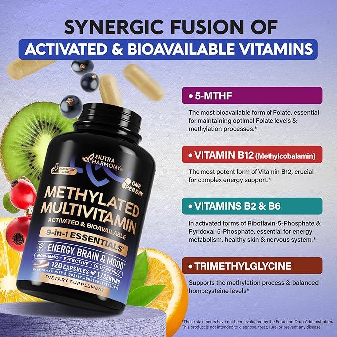 Methylated Multivitamin - B-Complex with Methylfolate & B12 - for Men & Women - 9-in-1 MTHFR Supplement with TMG - for Energy, Brain & Mood - Vegan, Lab Tested - Made in USA - 120 Capsules, One/Day