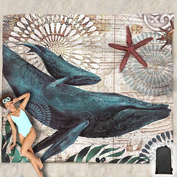 Beach Blanket Waterproof Sandproof Oversized 95”x 80”,Sand Free Beach Mat with Corner Pockets,Portable Mesh Bag for Beach Festival,Picnic,Travel and Outdoor Camping (Dolphin)
