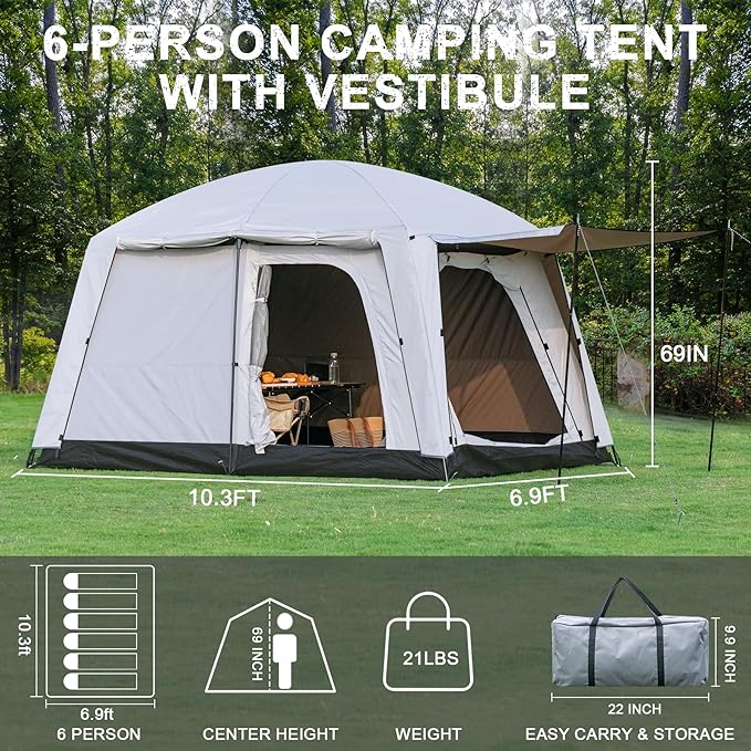 4-6 Person Camping Tent, Large Family Cabin Tents with Porch & Rainfly, Double Layer Waterproof Glamping Tent with 2 Rooms 2 Doors, Portable Big Tents for Outdoor Camping Hiking Party
