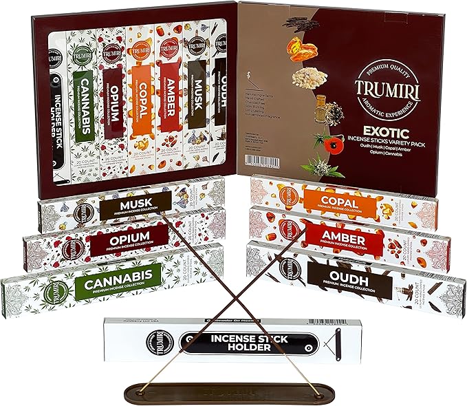 Exotic Incense Sticks Variety Pack - 120 Insence-Sticks (6 Incents x 20 Insense) - Copal Amber Oud (Agarwood) Musk - Natural Inscents-Sticks Non Toxic Incienso + Incense Holder for Men Women