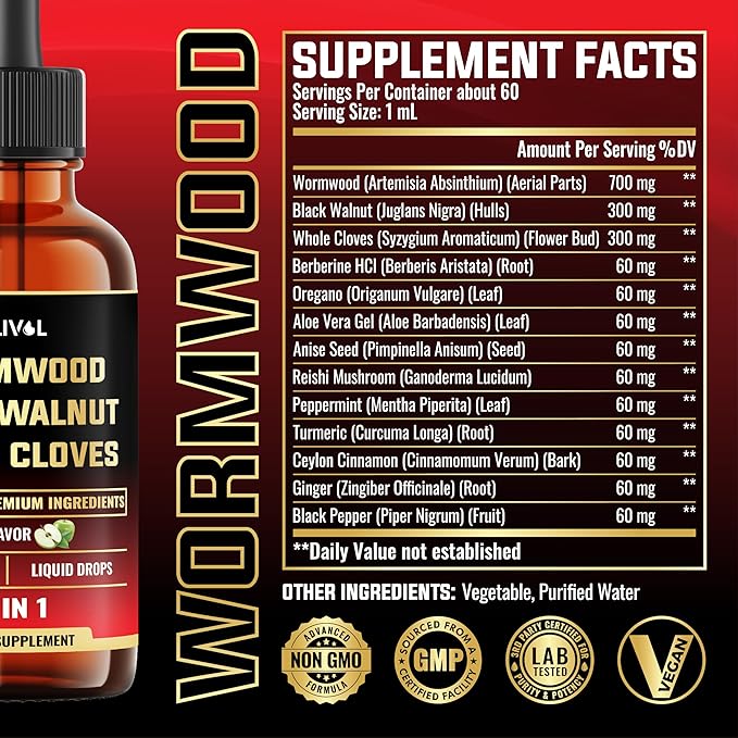 13in1 Wormwood Liquid Drops - 1900mg Black Walnut Wormwood Liquid Extract with Whole Cloves & More - 60 Day Supply - 2 Fl Oz