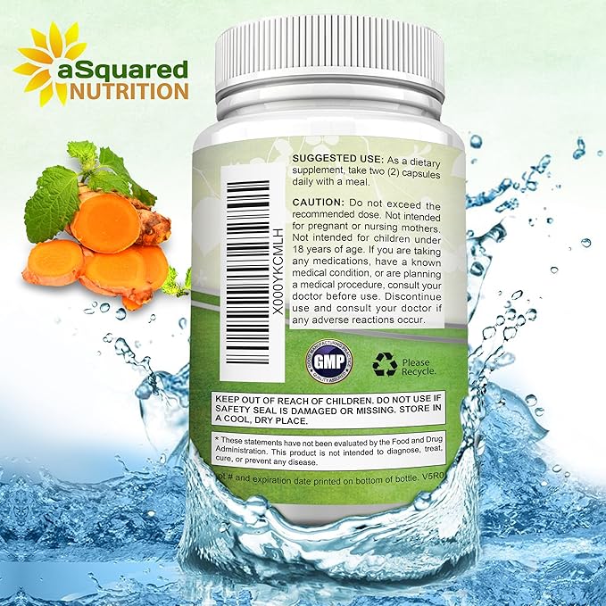 aSquared Nutrition Turmeric Curcumin 1300mg with BioPerine Black Pepper Extract - 180 Capsules - with 95% Curcuminoids, 100% Natural Tumeric Root Powder Supplements, Pure & Joint Stiffness Pills