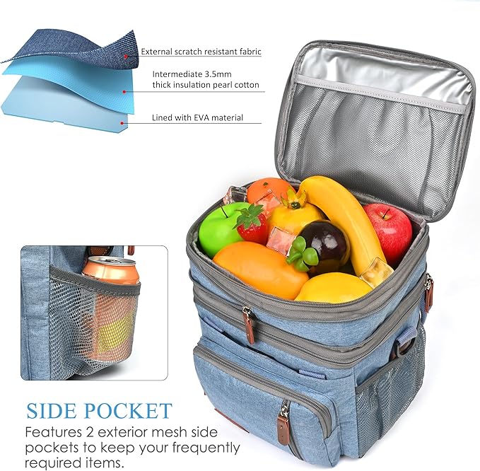 MIYCOO Lunch Bag for Women Men Double Deck Lunch Box - Leakproof Insulated Soft Large Lunch Cooler Bag, (Blue,15L)