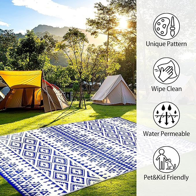 Outdoor Rug Mat for Patio, 6x9ft Waterproof Reversible Plastic Straw Rugs, Camping Carpet Area Mats for RV, Porch, Deck, Backyard, Balcony, Camper, Trailer, Blue & White