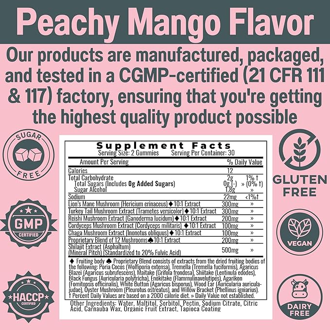 Sugar-Free Shilajit Mushroom Complex Gummies, Mushrooms Extract w. Lion's Lions Mane Reishi Turkey-Tail Cordyceps Shiitake Chaga Maitake Lionsmane Tincture Tea Powder Capsules Supplement Organic