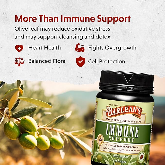 Barlean's Olive Leaf Complex Softgels Immune Support Supplement with 90 mg Oleuropein Antioxidants, Concentrated Heart Health and Immunity Booster Pills, 120 Count