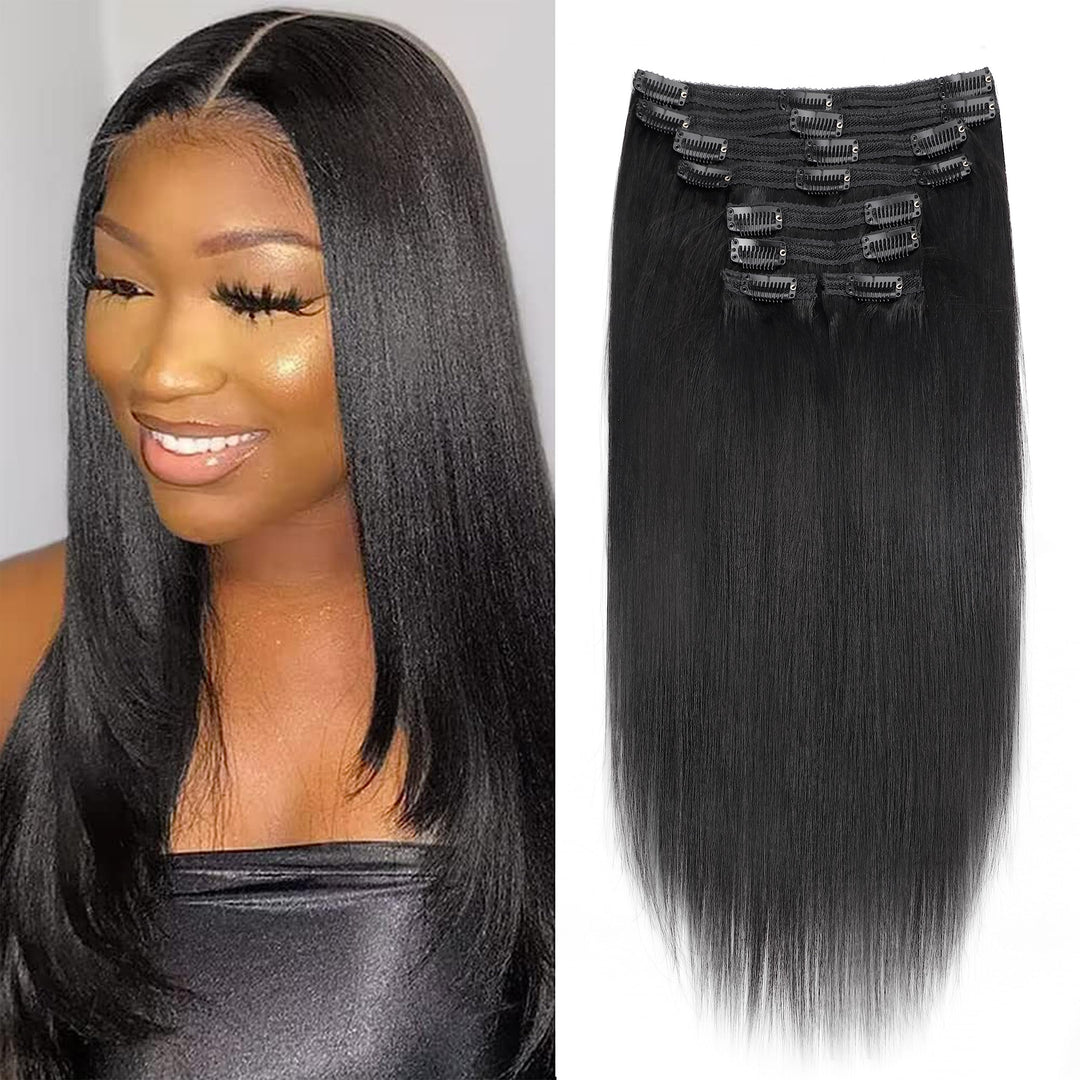 Mihugass Yaki Straight Clip on Hair Extensions 12 Inch Clip in Hair Extensions Real Human Hair For Women Natural Black clip ins 8pcs with 18Clips Per Set 120G