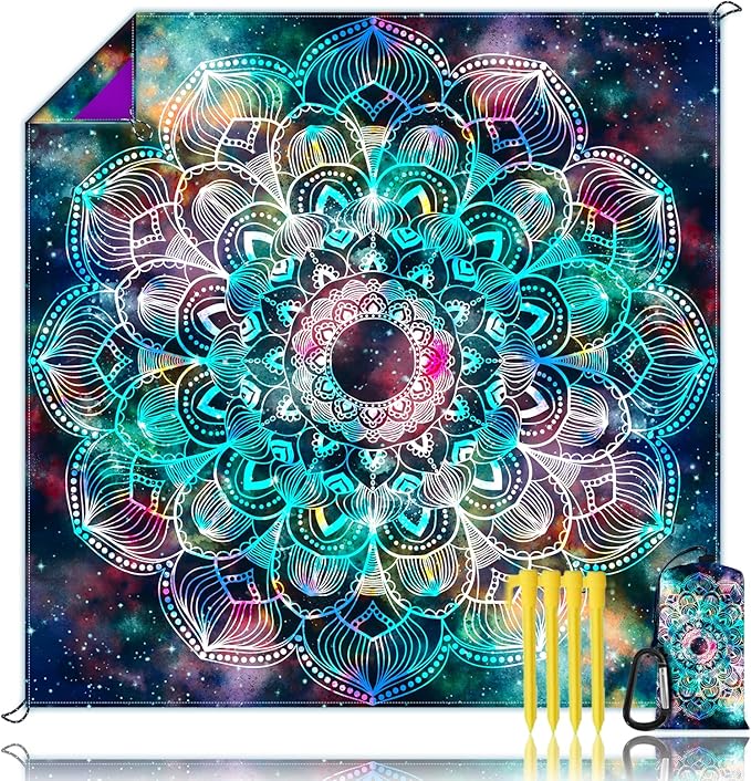 Beach Blanket, Waterproof Sandproof Beach Mat Oversized 79 X 83 Inch for 4-6 Adults, Lightweight Picnic Blanket, Portable Picnic Mat for Outdoor Travel Camping Hiking with 4 Stakes & 4 Corner Pocket