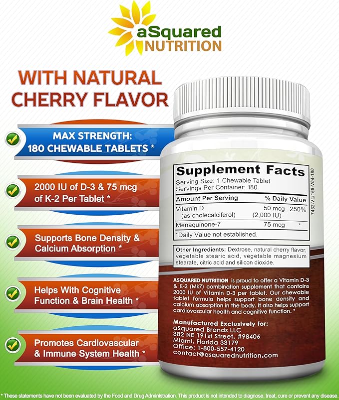 aSquared Nutrition Vitamin D3 with K2 Supplement-180 Chewable Tablets, Max Strength D-3 Cholecalciferol & K-2 MK7 to Support Healthy Bones, Teeth, Heart -Antioxidant D3 & K2 MK-7 Energy Formula Adults