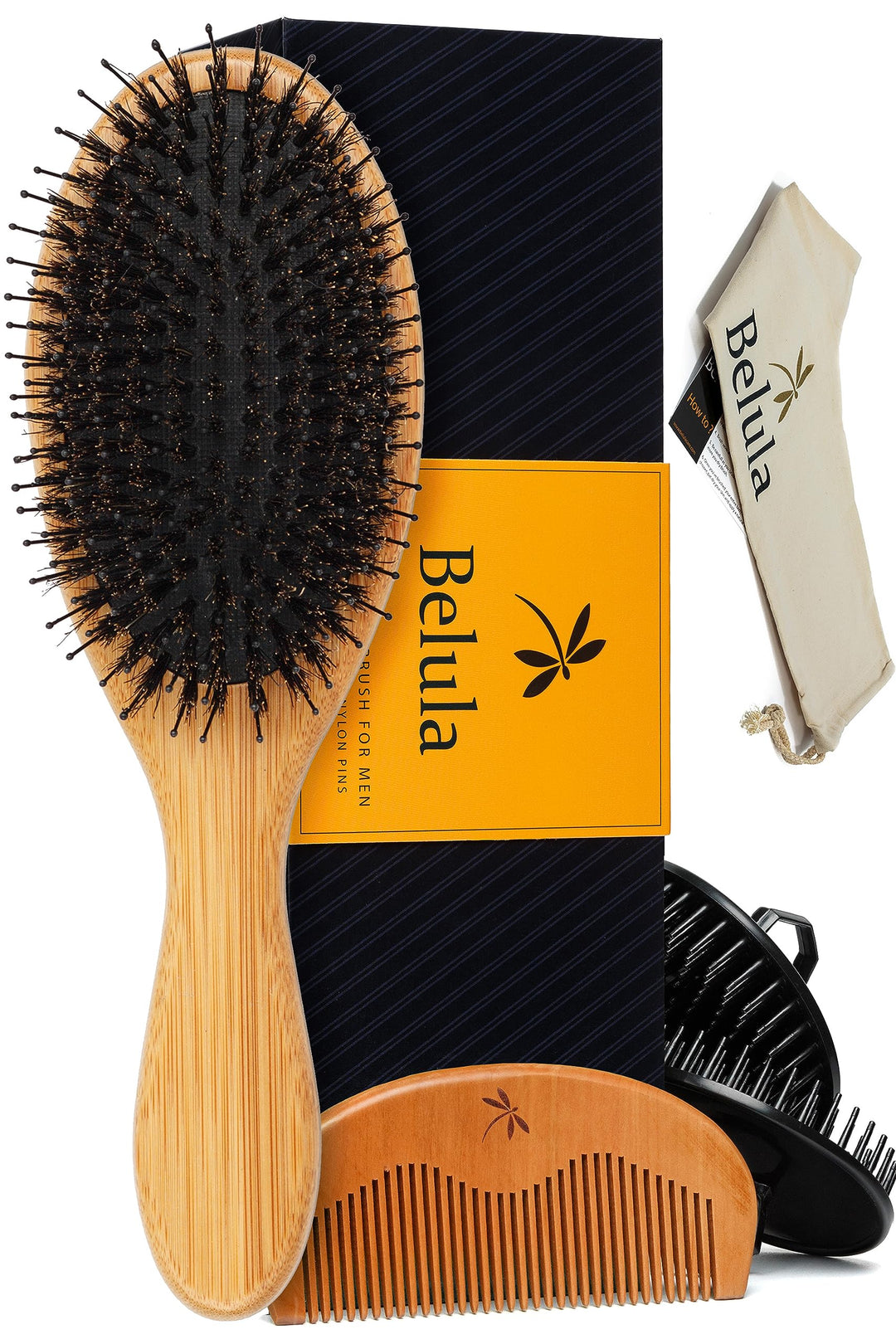Belula Boar Bristle Hair Brush For Men Set.Styling Mens' Hair Brush With Nylon Pins. Boar Bristle Brush, 2 X Palm Brush, Wooden