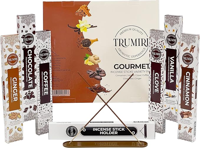 Gourmet Incense Sticks Variety Pack - 120 Insence-Sticks (6 Incents x 20 Insense) - Cinnamon Vanilla Coffee Chocolate - Natural Inscents-Sticks Non Toxic Inciensos + Incense Holder for Fall Christmas