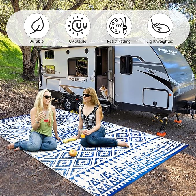 Waterproof Outdoor Rug 6x9ft, Bohemia Reversible Plastic Straw Mat for Patio RV Deck Porch Backyard Balcony Camping Picnic Beach Indoor Outdoor Carpet, Blue&White