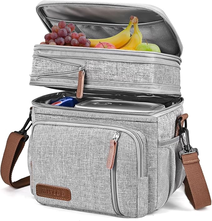 MIYCOO Lunch Bag for Women Men Double Deck Lunch Box - Leakproof Insulated Soft Large Adult Lunch Cooler Bag for Work, (Grey,15L)