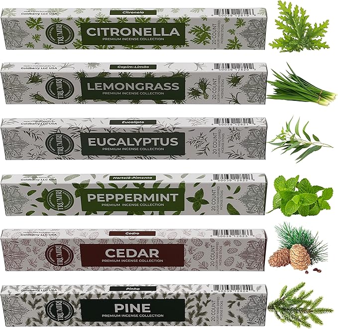 Leafy Incense Sticks Variety Pack - 120 Insence-Sticks (6 Incents x 20 Insense) - Citronella Lemongrass Eucalyptus Peppermint Pine Cedar - Natural Inscents-Sticks Non Toxic Inciensos + Incense Holder