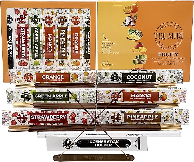 Fruity Incense Sticks Variety Pack - 120 Insence-Sticks (6 Incents x 20 Insense) - Coconut Orange Pineapple Mango Strawberry Apple - Natural Inscents-Sticks Non Toxic Inciensos + Stick Incense Holder