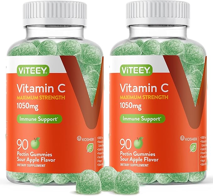 Vitamin C Gummies for Adults & Teens, 1050mg Maximum Strength - Immune Support Gummies - Immune Booster - Vegan, Gelatin Free-Tasty Vitamin C Chewable Sour Apple Flavored Gummy-90 Count (Pack of 2)