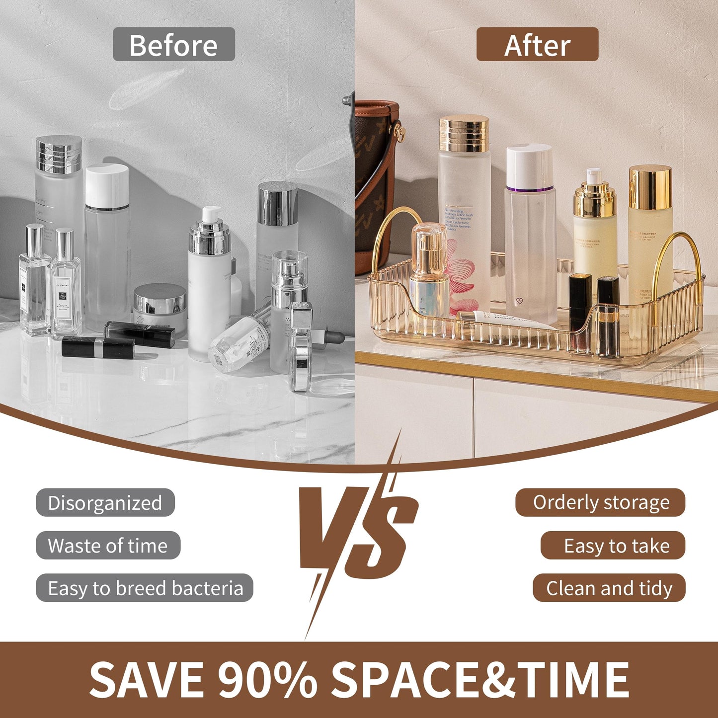 Bathroom Organiser Countertop Vanity Tray, Skincare Makeup Shelf for Cosmetics, Toiletries, Lotions, Perfumes (1 Tier, Amber)