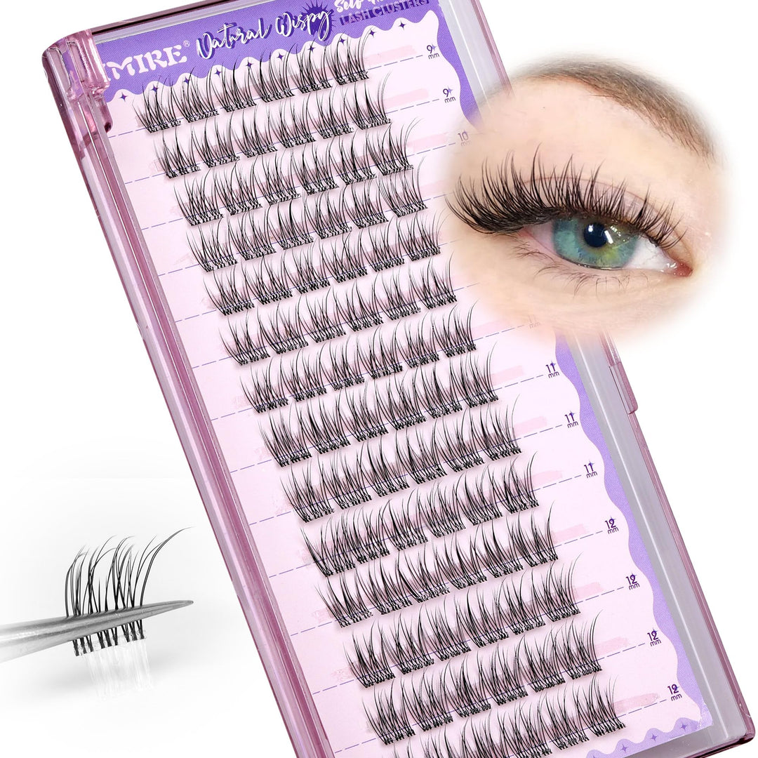 JIMIRE Self Adhesive Eyelashes Natural Look 9-12MM Wispy Pre Glued Lash Clusters No Glue Needed Press on Lashes Clusters Reusable Invisible Band Eyelash Clusters Easy to Apply