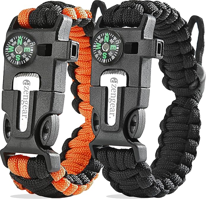 aZengear Paracord Survival Bracelet (2 Pack) | Flint Steel Fire Starter, Whistle, Compass, Mini Saw | Adjustable Wrist Band Size for Camping, Bushcraft, Emergency Kit (Black & Orange)