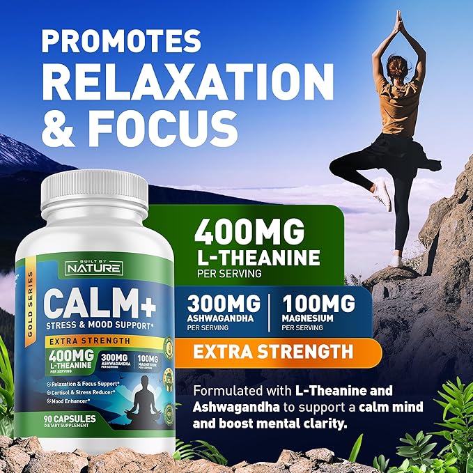 Built by Nature Calm+ Relaxation & Focus – Stress, Cortisol & Mood Support – Calm Supplement with L-Theanine, Ashwagandha, Magnesium Glycinate, Vitamin D3 – 90 Capsules