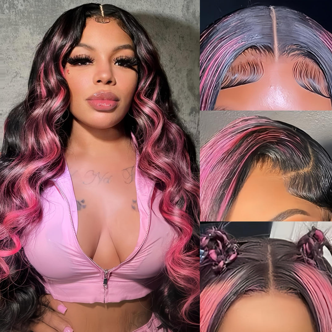 Avolo Highlight Ombre Lace Front Wig Human Hair 13x4 Body Wave 1B/Pink Colored Lace Front Wig Human Hair Pre Plucked With Baby Hair Black And Pink Wig Human Hair 180% Density 24 Inch Skunk Stripe Wig
