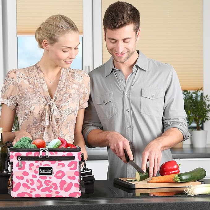 BEIMILY Lunch Box for Men/Women,Small Insulated Lunch Bag,Reusable Lunchbox for Work Picnic,Leakproof Soft Cooler Tote Bag Organizer with Adjustable Shoulder Strap for Adults(Pink Leopard Print)