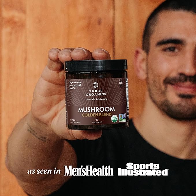 TRIBE ORGANICS Mushroom Golden Blend Vegan Capsules Supplement - Adaptogenic Mushrooms Powder Immune Support Supplement - 10-in-1 Mushrooms for Immunity Support & Brain Health - 90 Count 30 Servings