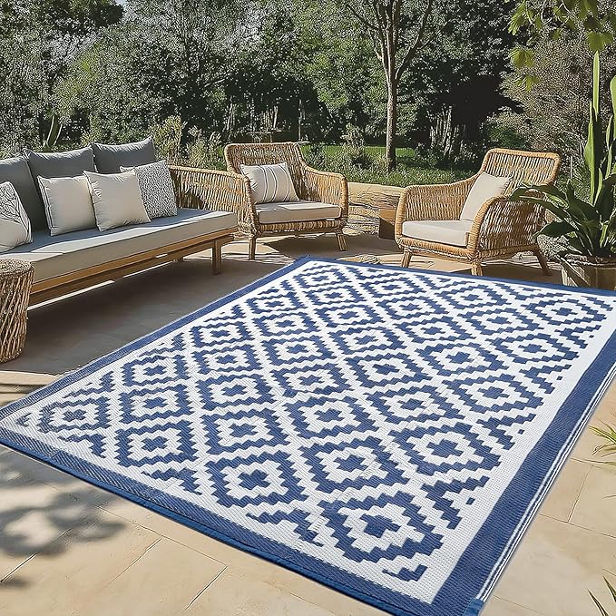 5x8 ft Outdoor Rug Waterproof, Plastic Straw Patio Carpet - UV Resistant Reversible Indoor Outdoor Rugs for Porch, Camping, Poolside, RV, Balcony, Easy to Clean, Blue and White