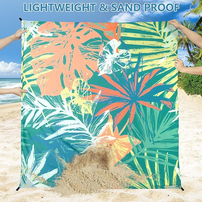 Beach Blanket Waterproof Sandproof Beach Mat 79”x 83” for 1-4 Adults Quick Drying Durable Outdoor Picnic Mat for Beach Festival Travel Camping Hiking (Colorful-Palm, 79"×83"(4 Person))