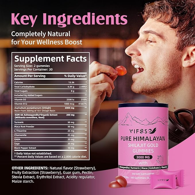 Shilajit Gummies, 3000 Mg Shilajit Pure Himalayan Organic with Ashwagandha, Turmeric Sugar-Free Gummies for Men and Women, Shilajit Supplement, Non-GMO Nature Shilajit for Energy, 120 Gummies