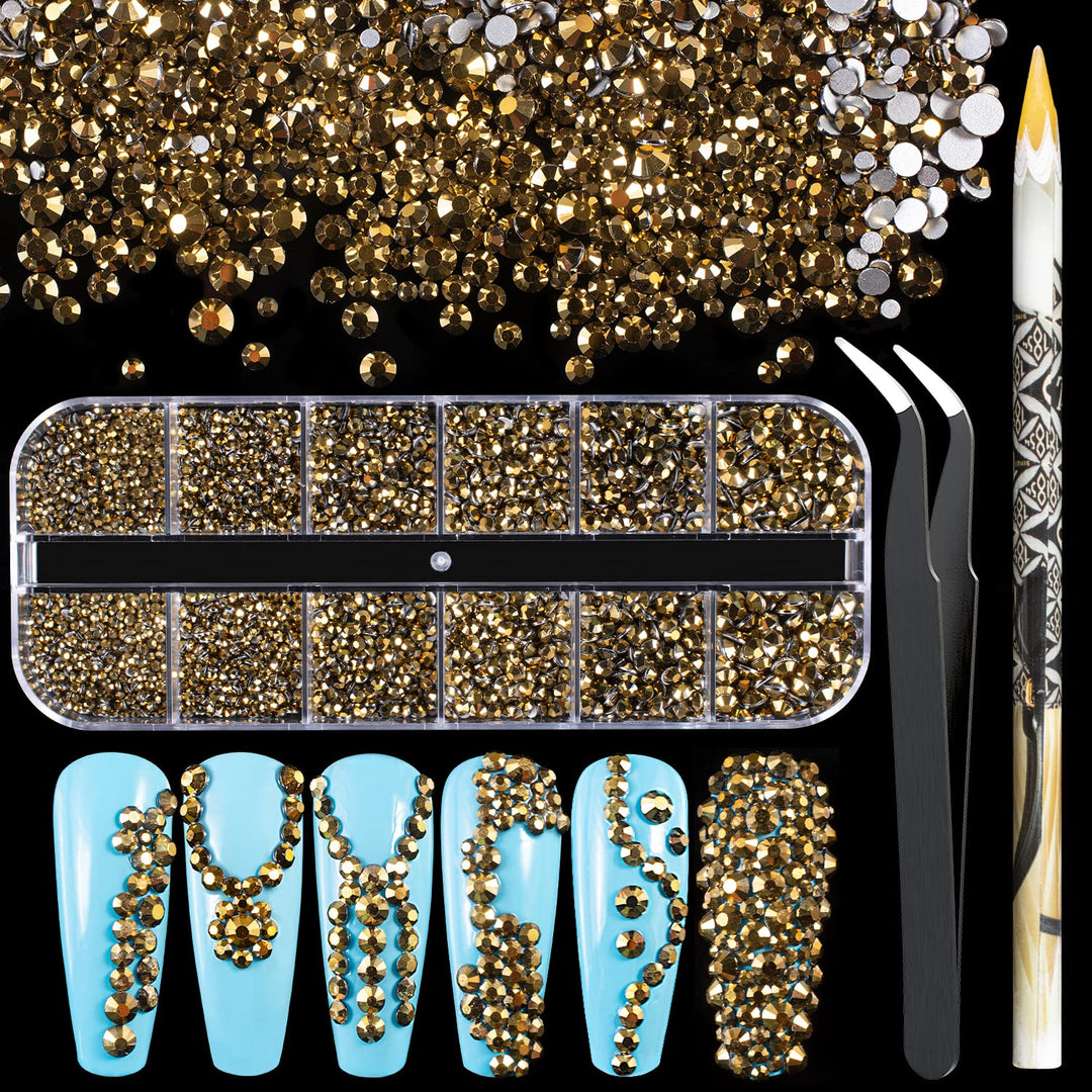 3600Pcs Mineral Gold Round Rhinestones 1.8-4Mm Flatback For Manicure, 6 Multi Sizes Nail Art Shine Crystal Gem Diamond Bling Set