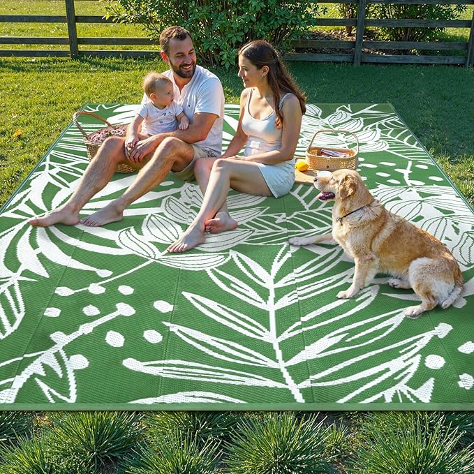 Anidaroel Leaf Outdoor Rugs 8x10ft for Patios Clearance Waterproof, Reversible Tropical Plastic Straw Camping Mat Outside Area Rug for RV, Backyard, Deck, Balcony, Picnic, Beach(Green,8'x10')