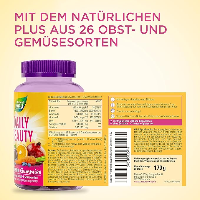 Nature's Way Alive! Hair, Skin & Nails Premium Gummies, Beauty Formula*, with Collagen, Biotin, Vitamins C & E, Strawberry Flavored, 60 Gummies