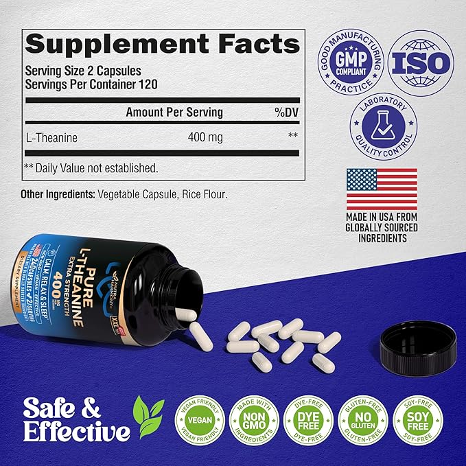 L Theanine 400 mg | L-Theanine Stress Relief | Extra Strength Supplement | Made in USA | Relaxation, Sleep & Calm Support | For Men & Women | Plant Based, Non-GMO & Gluten-Free | 240 Vegan Capsules