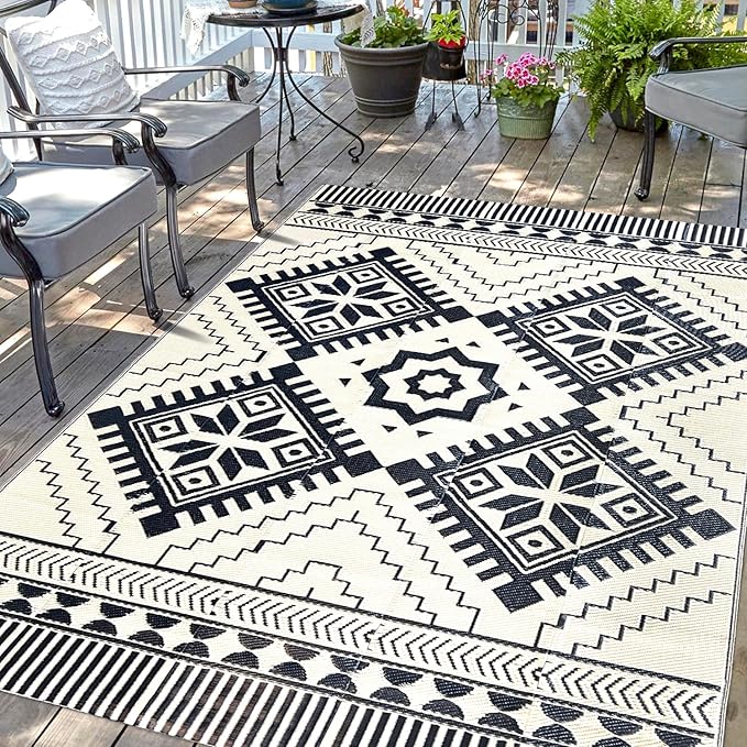 Waterproof Outdoor Rug 5x8ft, Boho Reversible Plastic Straw Mat for Patio RV Deck Porch Backyard Balcony Camping Picnic Beach Indoor Outdoor Carpet, Black&Beige