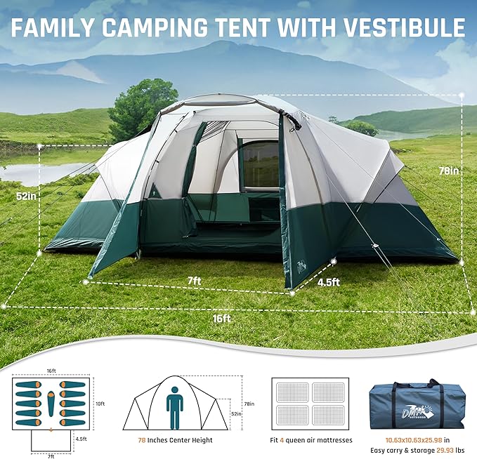 Tents for Camping 6/8/10/11 Person Large Camping Tent with Porch Big Tent with Rainfly & Reflective Windproof Rope Portable with Carry Bag for Family Camping & Hiking