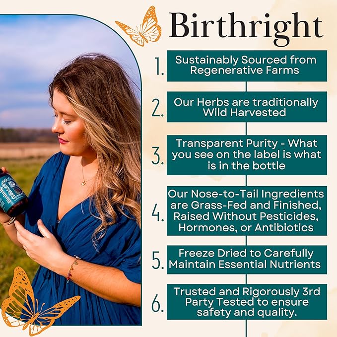 Birthright Complete Prenatal Supplement for Fetal Development… Folate, Choline + DHA, from Grass Fed Liver, Fish Eggs, Colostrum, Bone Marrow, with All Natural Herbal Blend Bloom