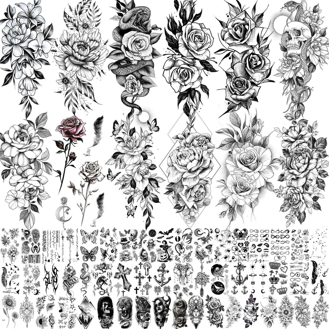 Shegazzi 63 Sheets 3D Flower Temporary Tattoos For Women Girl, 12 Sheets Realistic Sexy Rose Peony Floral Fake Tattoo Sticker Adult, 52 Sheets Small Black Snake Letter Anchor Infinity Tatoos Neck Arm
