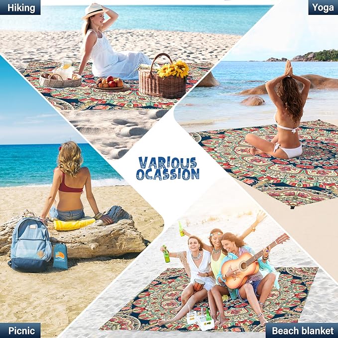 Beach Blanket Waterproof Sandproof 1-7 Adult Oversized 78 '' × 81 '' Lightweight Durable Compact Sand Free Beach Mat for Travel Camping Hiking Picnic Blanket Extra Large