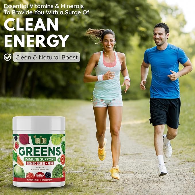 Greens Immune Support, Berry Superfood Blend Organic Vegan Greens + Reds Amazing Taste Mixed Berry Natural Flavor 270g (9.5 Oz) Detox, Gluten Free, Dietary Supplement